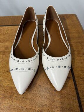 Coach Womens 8.5 Valintina Pointed Leather Flat Studded Chalk off White ballet